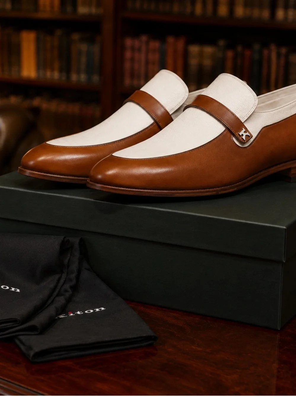 Kiton Two-Tone Leather Spectator Apron-Toe Loafers with Logo Plaque Strap